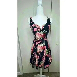 B Darline Dress Womens  Sz 1/2 NWT Navy Fit Flare Floral Sleeveless Open Back